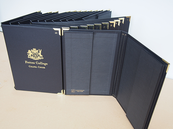 Fettes College Chapel Choir Folders showing pockets and cords
